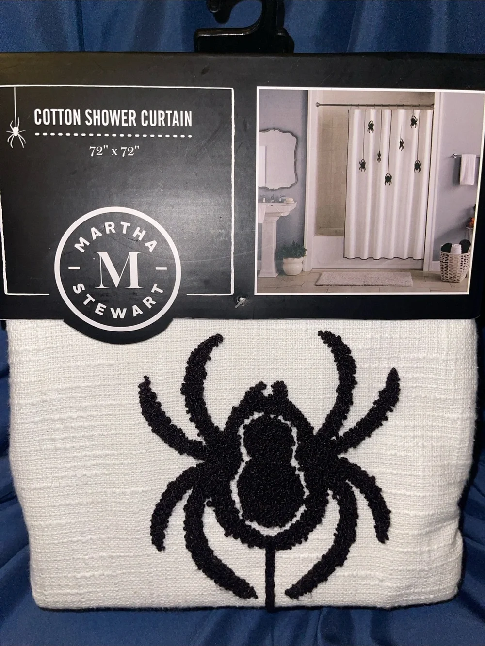 Martha Stewart White Cotton Shower Curtain with Black Spider Motif